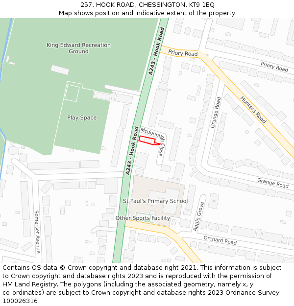 257, HOOK ROAD, CHESSINGTON, KT9 1EQ: Location map and indicative extent of plot