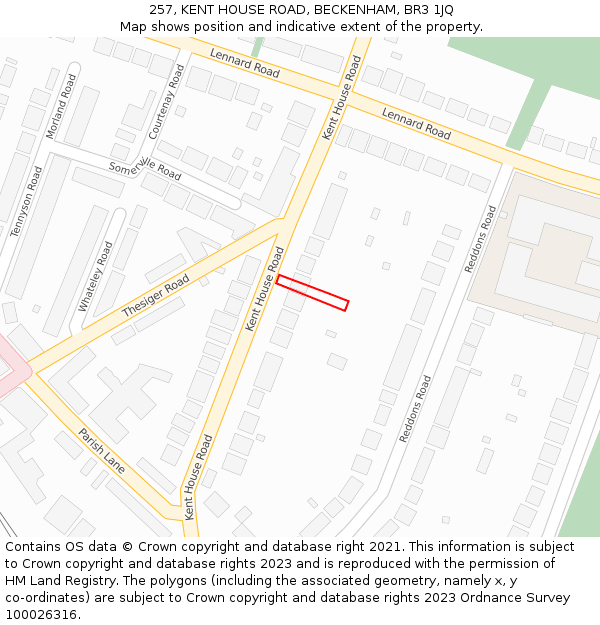 257, KENT HOUSE ROAD, BECKENHAM, BR3 1JQ: Location map and indicative extent of plot