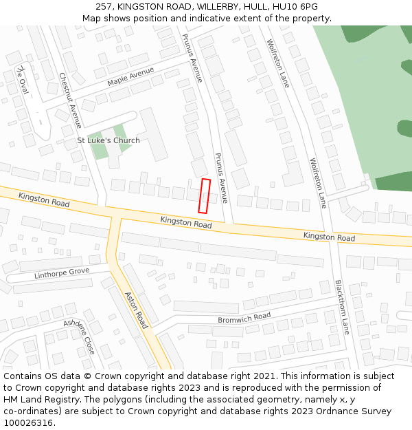 257, KINGSTON ROAD, WILLERBY, HULL, HU10 6PG: Location map and indicative extent of plot