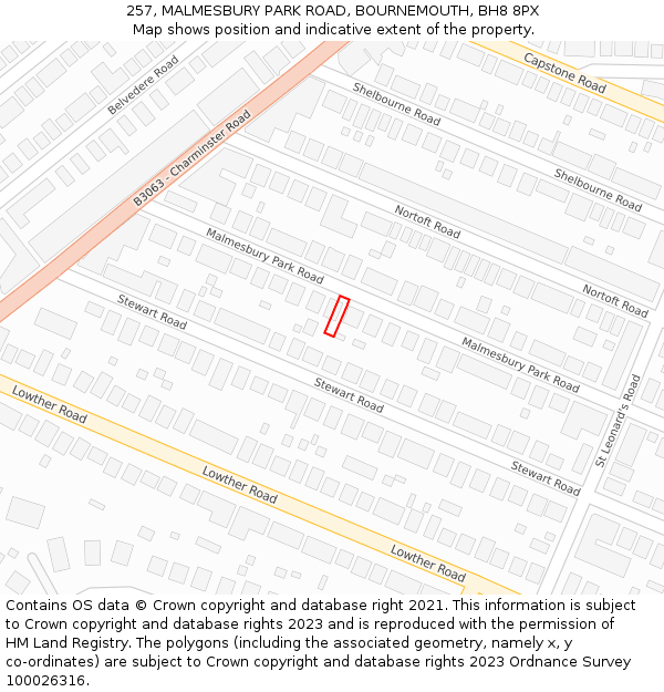 257, MALMESBURY PARK ROAD, BOURNEMOUTH, BH8 8PX: Location map and indicative extent of plot