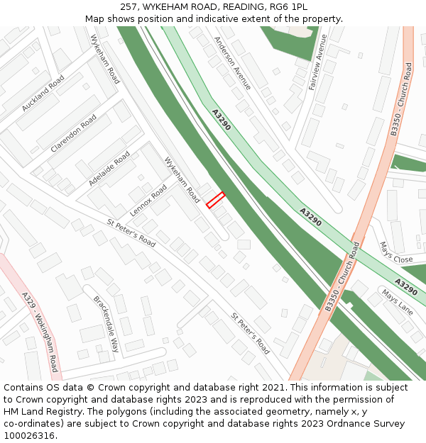257, WYKEHAM ROAD, READING, RG6 1PL: Location map and indicative extent of plot