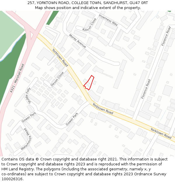 257, YORKTOWN ROAD, COLLEGE TOWN, SANDHURST, GU47 0RT: Location map and indicative extent of plot