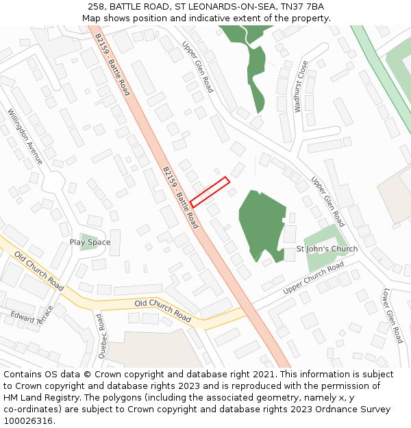 258, BATTLE ROAD, ST LEONARDS-ON-SEA, TN37 7BA: Location map and indicative extent of plot