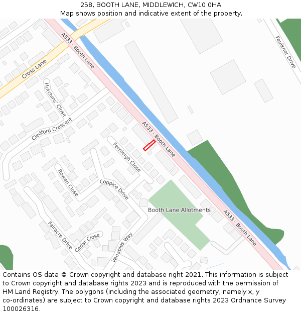 258, BOOTH LANE, MIDDLEWICH, CW10 0HA: Location map and indicative extent of plot