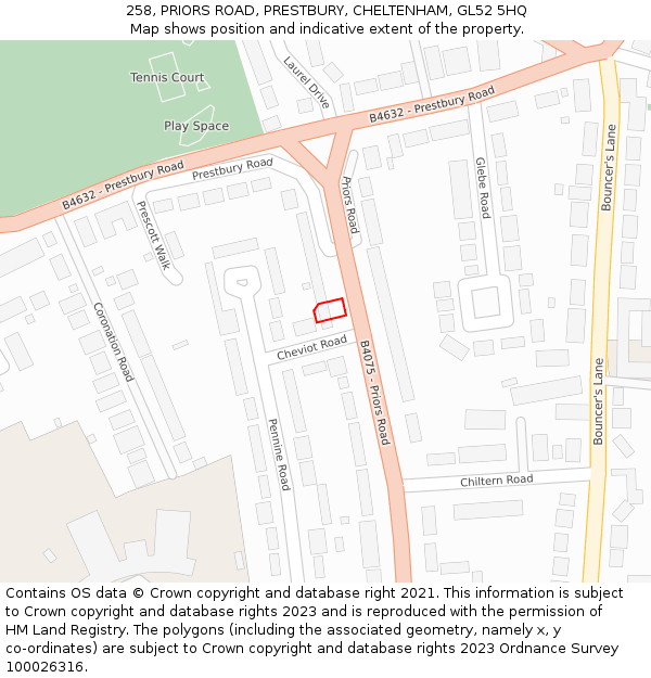 258, PRIORS ROAD, PRESTBURY, CHELTENHAM, GL52 5HQ: Location map and indicative extent of plot