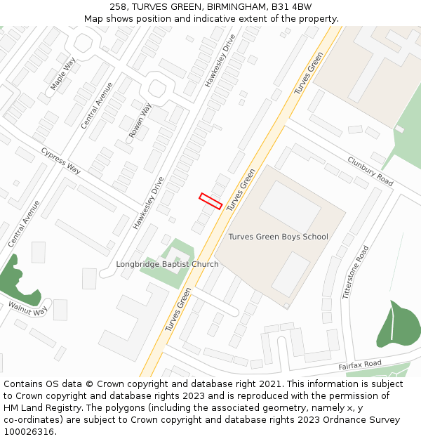258, TURVES GREEN, BIRMINGHAM, B31 4BW: Location map and indicative extent of plot