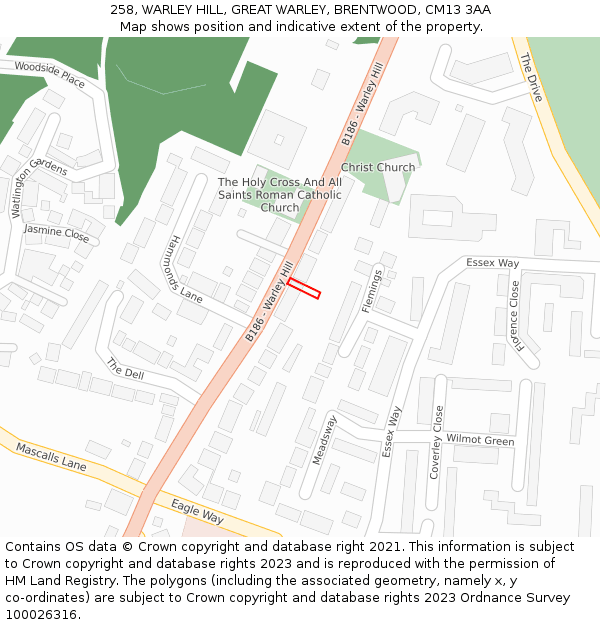 258, WARLEY HILL, GREAT WARLEY, BRENTWOOD, CM13 3AA: Location map and indicative extent of plot