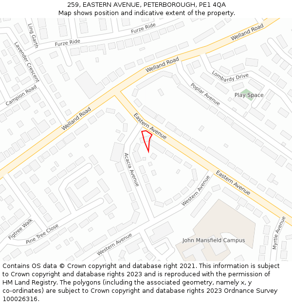 259, EASTERN AVENUE, PETERBOROUGH, PE1 4QA: Location map and indicative extent of plot