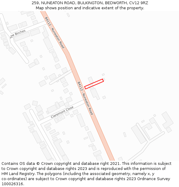 259, NUNEATON ROAD, BULKINGTON, BEDWORTH, CV12 9RZ: Location map and indicative extent of plot