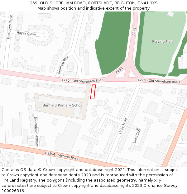 259, OLD SHOREHAM ROAD, PORTSLADE, BRIGHTON, BN41 1XS: Location map and indicative extent of plot