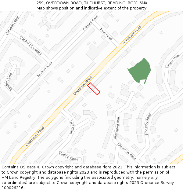 259, OVERDOWN ROAD, TILEHURST, READING, RG31 6NX: Location map and indicative extent of plot
