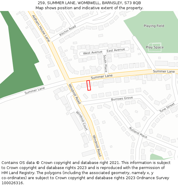 259, SUMMER LANE, WOMBWELL, BARNSLEY, S73 8QB: Location map and indicative extent of plot