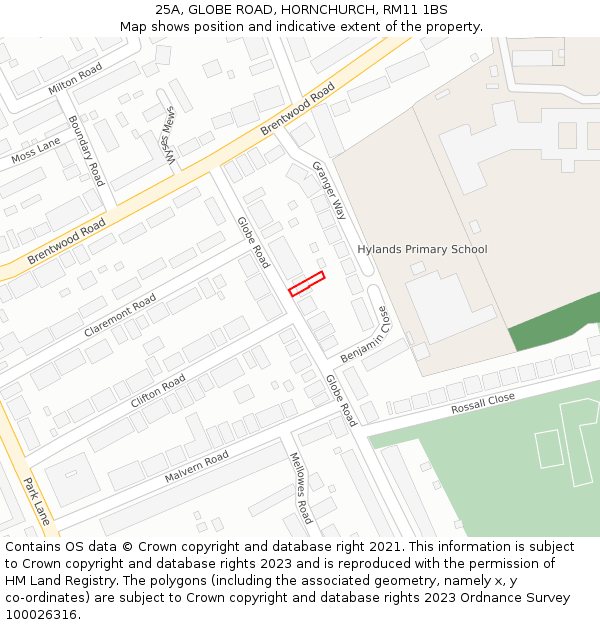25A, GLOBE ROAD, HORNCHURCH, RM11 1BS: Location map and indicative extent of plot