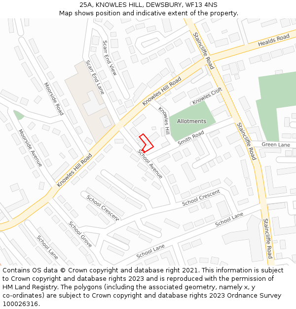 25A, KNOWLES HILL, DEWSBURY, WF13 4NS: Location map and indicative extent of plot
