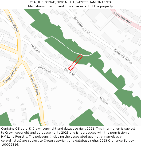 25A, THE GROVE, BIGGIN HILL, WESTERHAM, TN16 3TA: Location map and indicative extent of plot