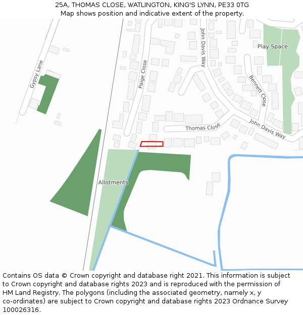 25A, THOMAS CLOSE, WATLINGTON, KING'S LYNN, PE33 0TG: Location map and indicative extent of plot