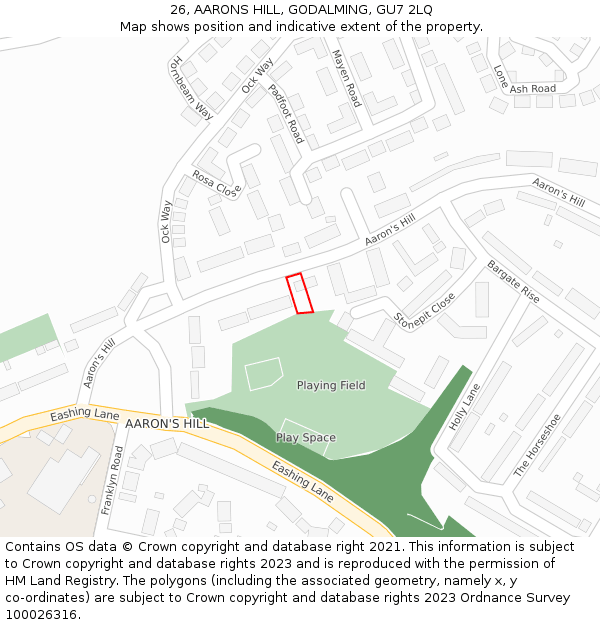 26, AARONS HILL, GODALMING, GU7 2LQ: Location map and indicative extent of plot