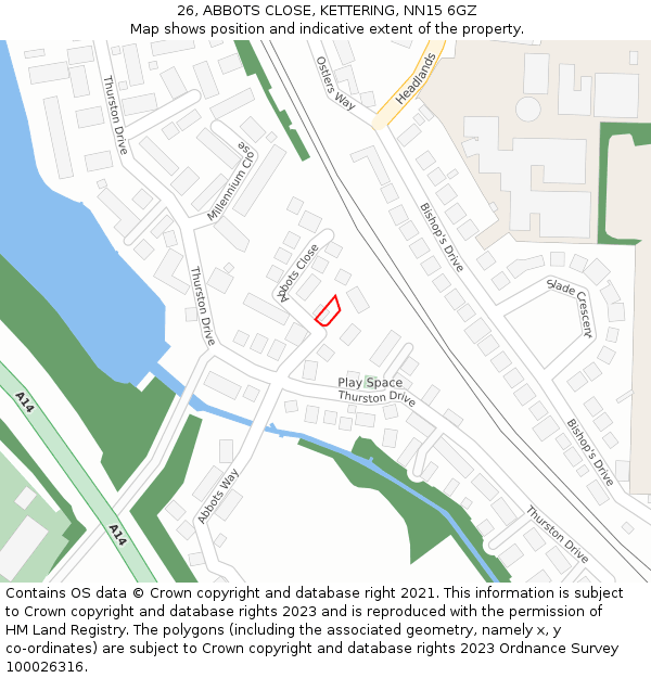 26, ABBOTS CLOSE, KETTERING, NN15 6GZ: Location map and indicative extent of plot