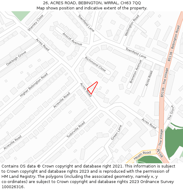 26, ACRES ROAD, BEBINGTON, WIRRAL, CH63 7QQ: Location map and indicative extent of plot