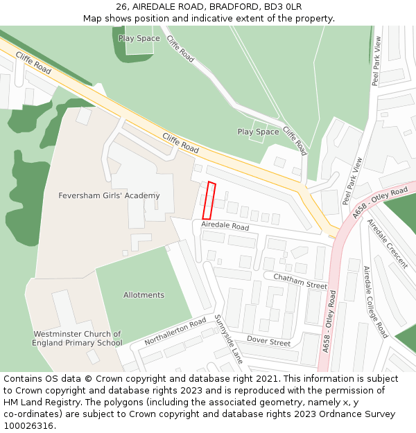 26, AIREDALE ROAD, BRADFORD, BD3 0LR: Location map and indicative extent of plot