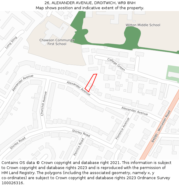 26, ALEXANDER AVENUE, DROITWICH, WR9 8NH: Location map and indicative extent of plot