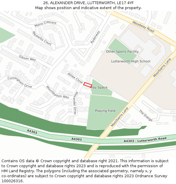 26, ALEXANDER DRIVE, LUTTERWORTH, LE17 4YF: Location map and indicative extent of plot