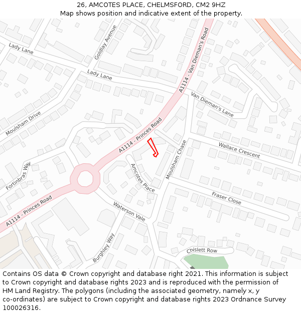 26, AMCOTES PLACE, CHELMSFORD, CM2 9HZ: Location map and indicative extent of plot