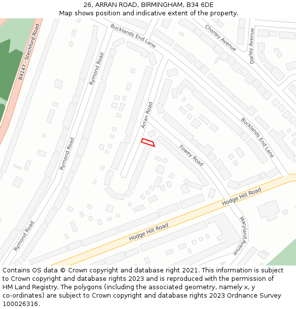 26, ARRAN ROAD, BIRMINGHAM, B34 6DE: Location map and indicative extent of plot