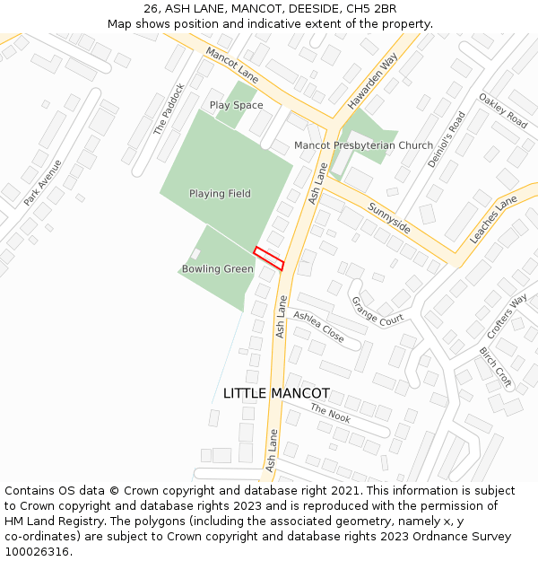 26, ASH LANE, MANCOT, DEESIDE, CH5 2BR: Location map and indicative extent of plot