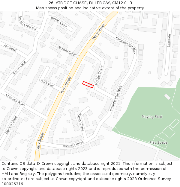 26, ATRIDGE CHASE, BILLERICAY, CM12 0HR: Location map and indicative extent of plot