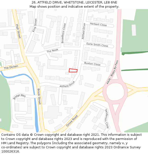 26, ATTFIELD DRIVE, WHETSTONE, LEICESTER, LE8 6NE: Location map and indicative extent of plot