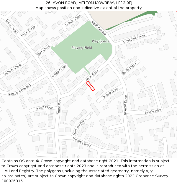 26, AVON ROAD, MELTON MOWBRAY, LE13 0EJ: Location map and indicative extent of plot