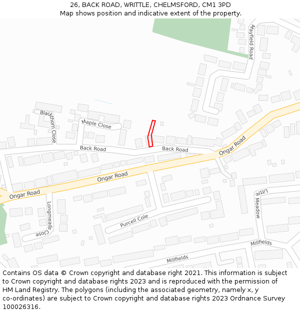 26, BACK ROAD, WRITTLE, CHELMSFORD, CM1 3PD: Location map and indicative extent of plot