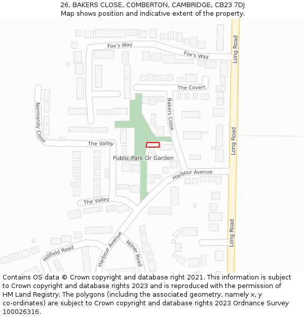 26, BAKERS CLOSE, COMBERTON, CAMBRIDGE, CB23 7DJ: Location map and indicative extent of plot