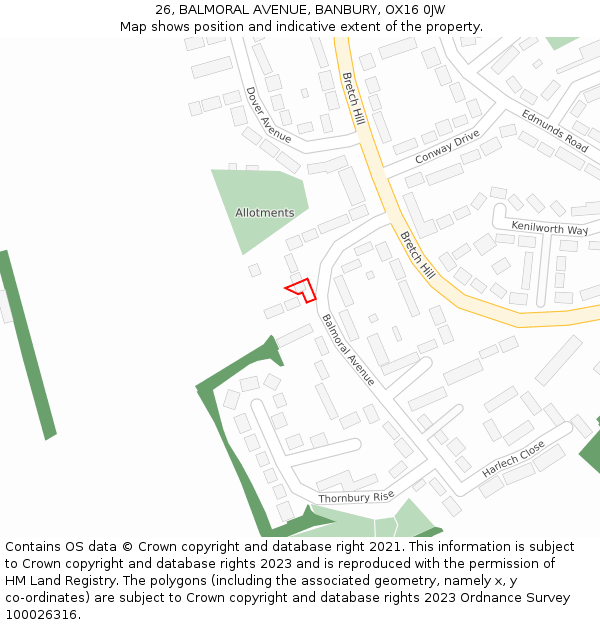 26, BALMORAL AVENUE, BANBURY, OX16 0JW: Location map and indicative extent of plot