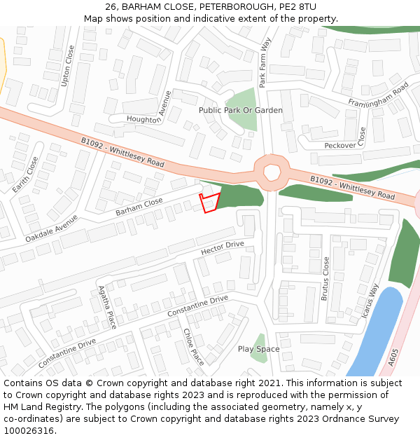 26, BARHAM CLOSE, PETERBOROUGH, PE2 8TU: Location map and indicative extent of plot