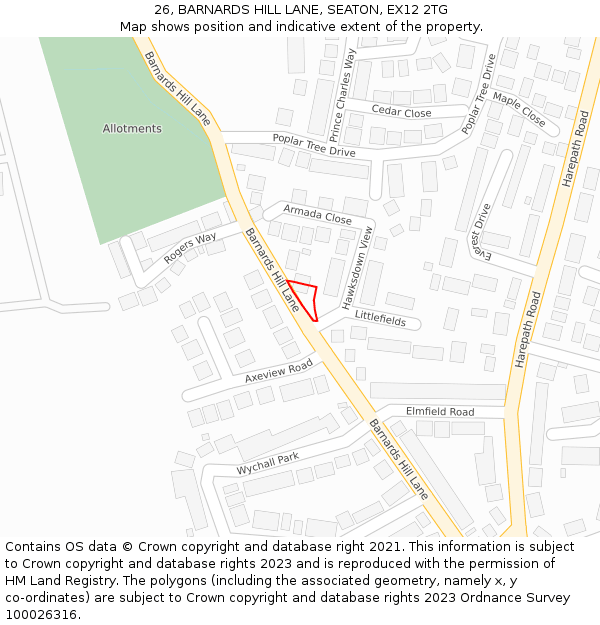 26, BARNARDS HILL LANE, SEATON, EX12 2TG: Location map and indicative extent of plot