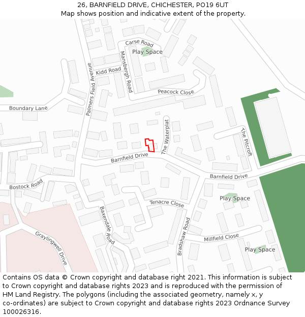26, BARNFIELD DRIVE, CHICHESTER, PO19 6UT: Location map and indicative extent of plot