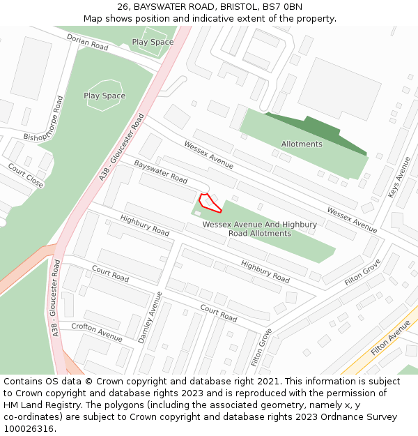26, BAYSWATER ROAD, BRISTOL, BS7 0BN: Location map and indicative extent of plot