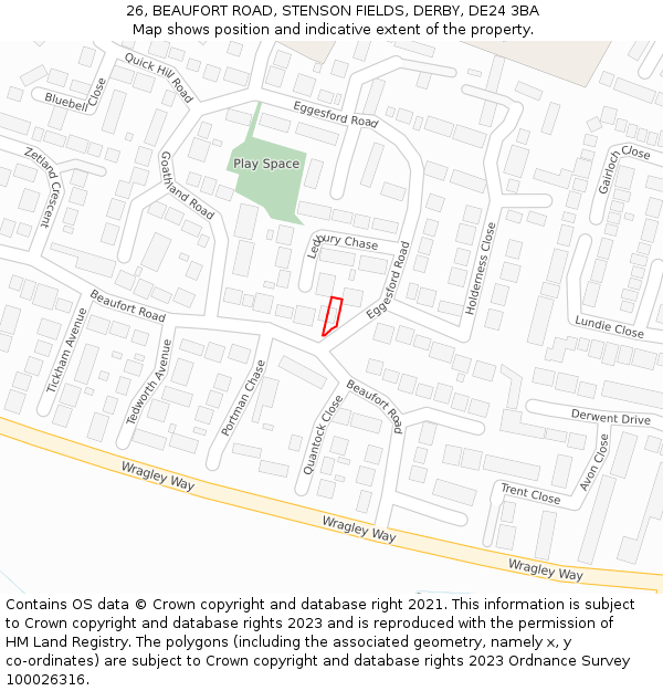 26, BEAUFORT ROAD, STENSON FIELDS, DERBY, DE24 3BA: Location map and indicative extent of plot