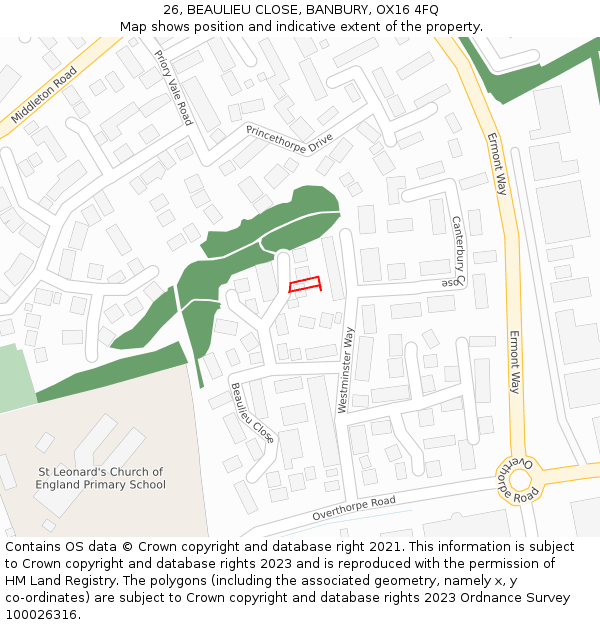 26, BEAULIEU CLOSE, BANBURY, OX16 4FQ: Location map and indicative extent of plot