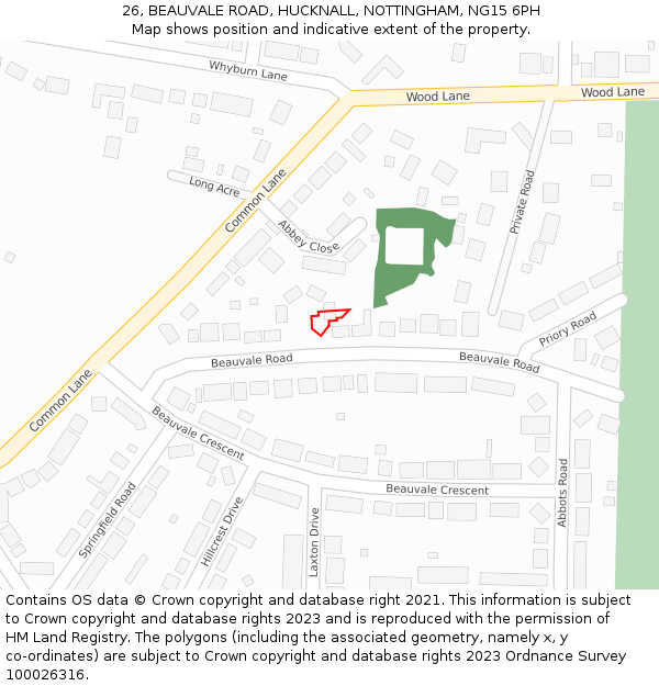 26, BEAUVALE ROAD, HUCKNALL, NOTTINGHAM, NG15 6PH: Location map and indicative extent of plot