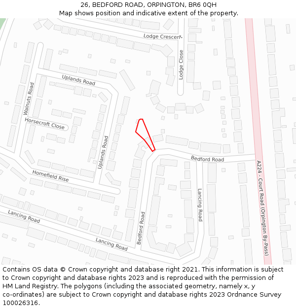 26, BEDFORD ROAD, ORPINGTON, BR6 0QH: Location map and indicative extent of plot