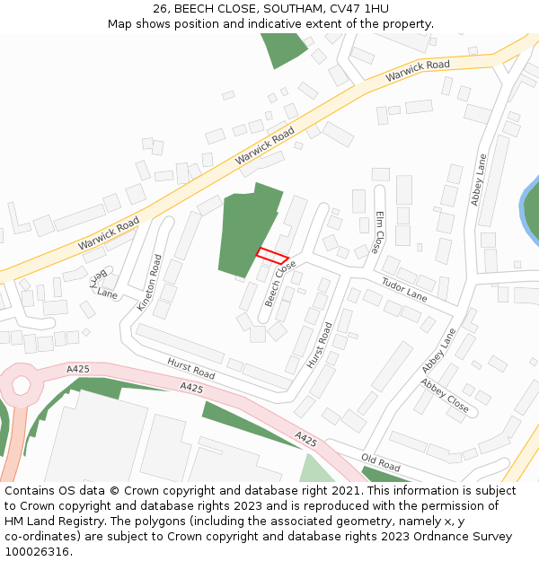 26, BEECH CLOSE, SOUTHAM, CV47 1HU: Location map and indicative extent of plot
