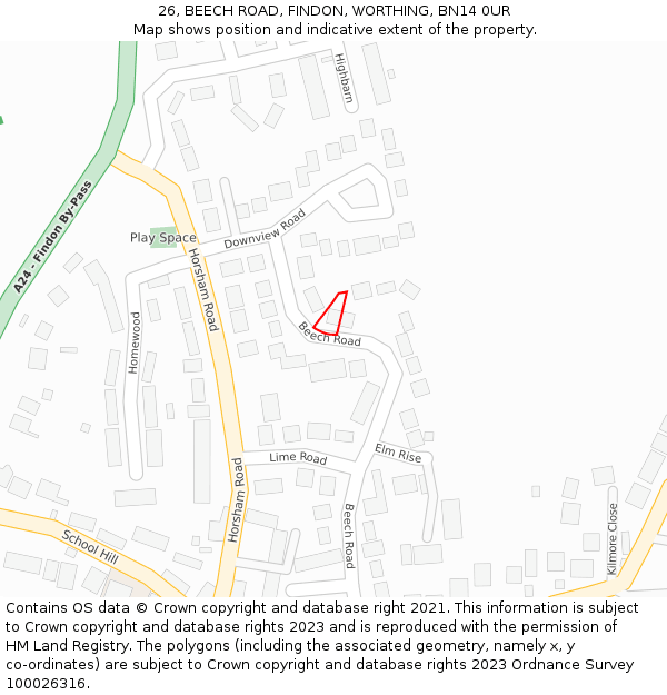 26, BEECH ROAD, FINDON, WORTHING, BN14 0UR: Location map and indicative extent of plot