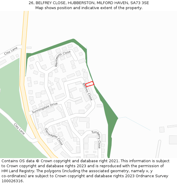 26, BELFREY CLOSE, HUBBERSTON, MILFORD HAVEN, SA73 3SE: Location map and indicative extent of plot