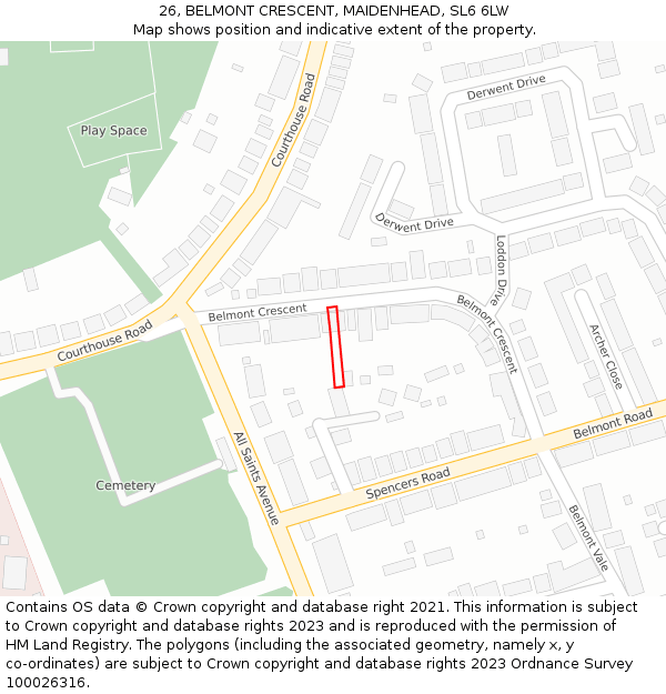 26, BELMONT CRESCENT, MAIDENHEAD, SL6 6LW: Location map and indicative extent of plot