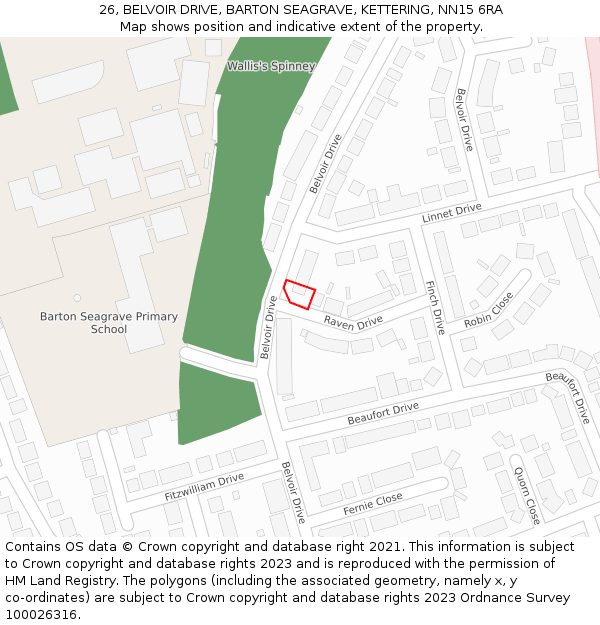 26, BELVOIR DRIVE, BARTON SEAGRAVE, KETTERING, NN15 6RA: Location map and indicative extent of plot