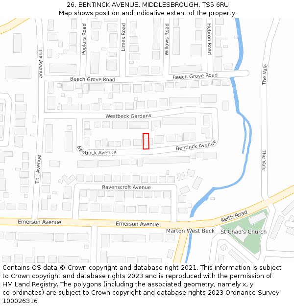 26, BENTINCK AVENUE, MIDDLESBROUGH, TS5 6RU: Location map and indicative extent of plot