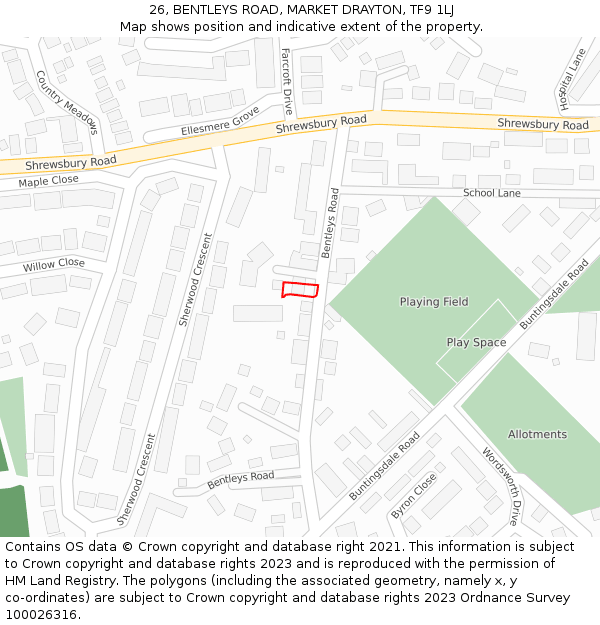 26, BENTLEYS ROAD, MARKET DRAYTON, TF9 1LJ: Location map and indicative extent of plot